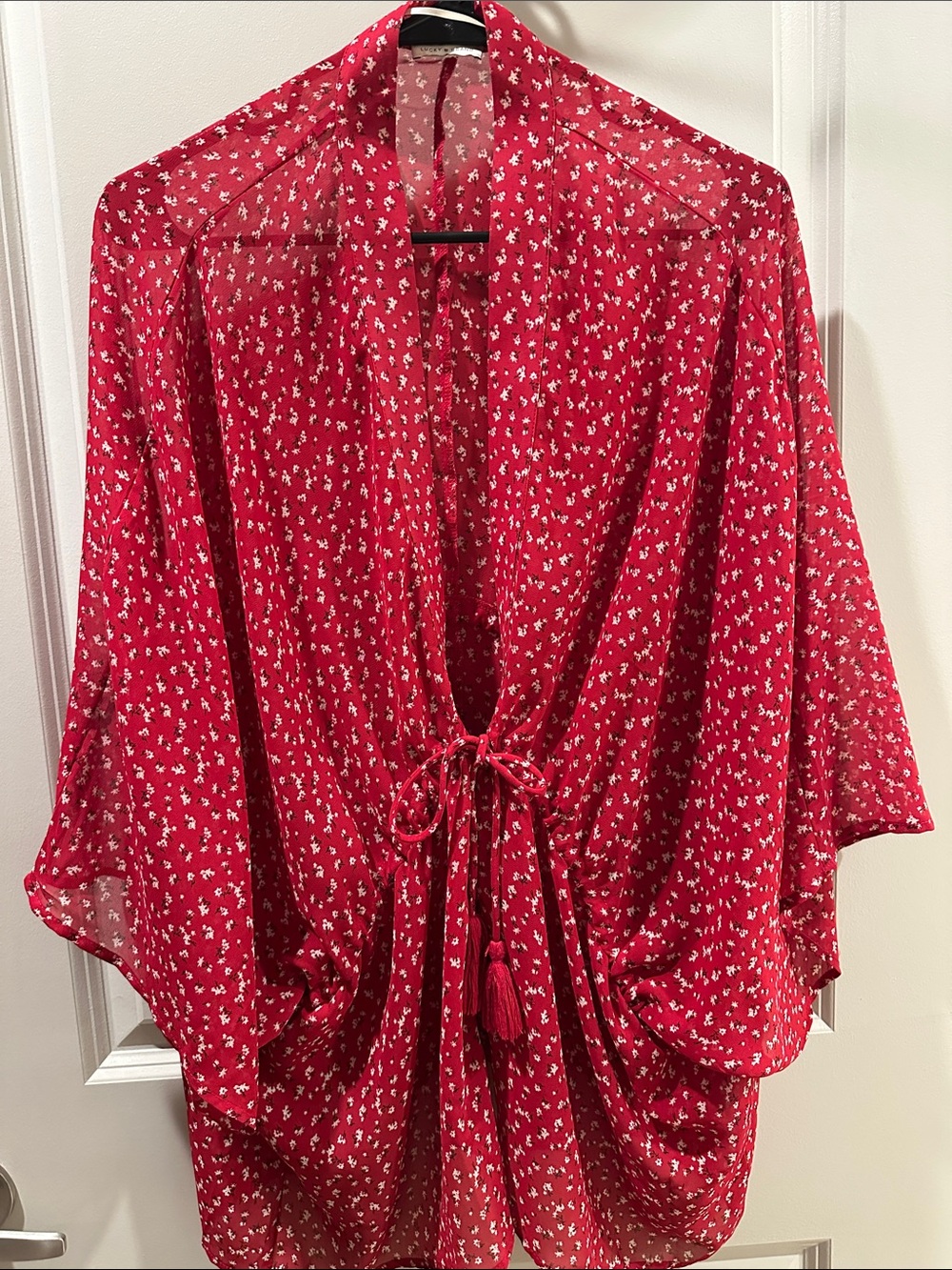 Lucky Brand Red Floral Open-Front Kimono Jacket